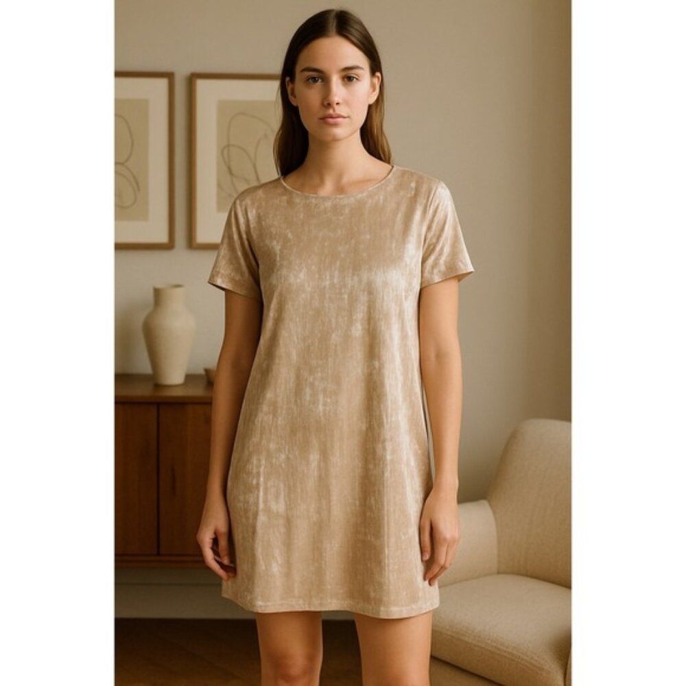 Floreat Velvet Burnout Shift Dress Tan Short Sleeve Square Neck Size S